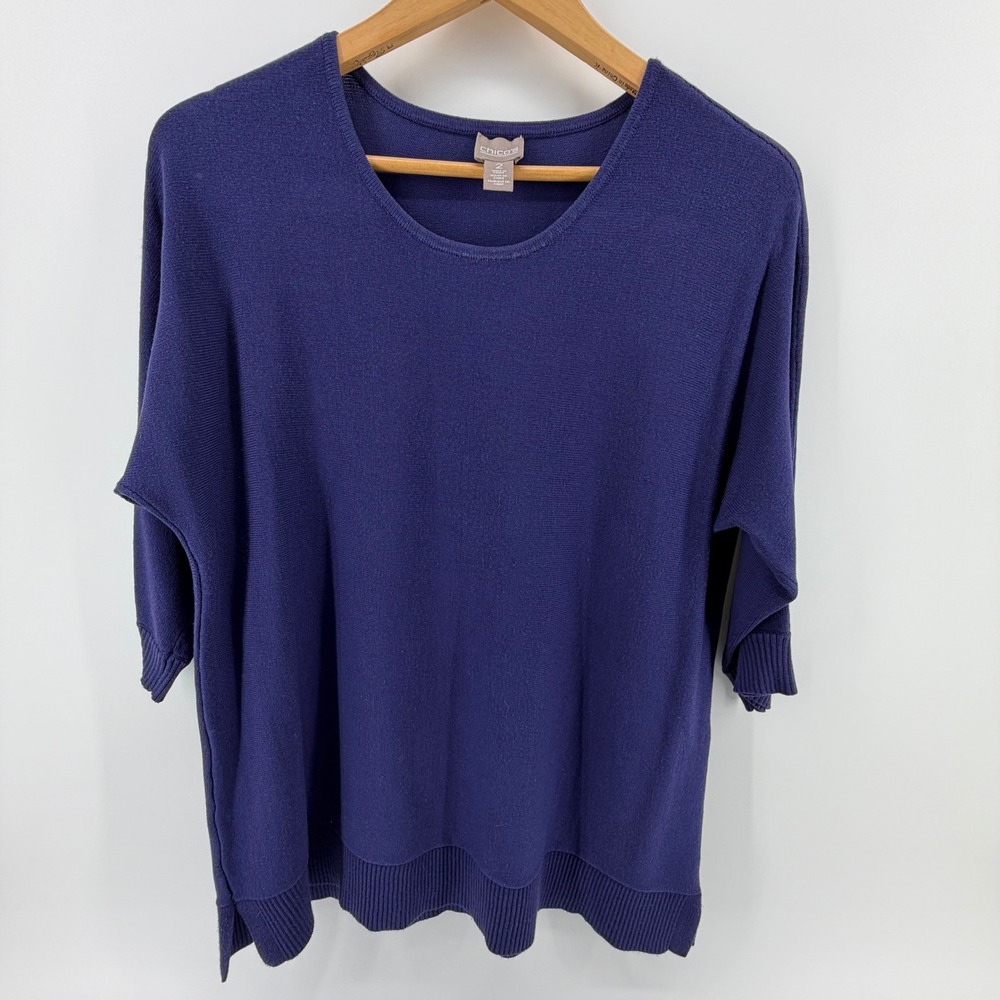 Chicos Womens Sweater Knit Top Blue Size 2 3/4‎ Sleeve Pullover